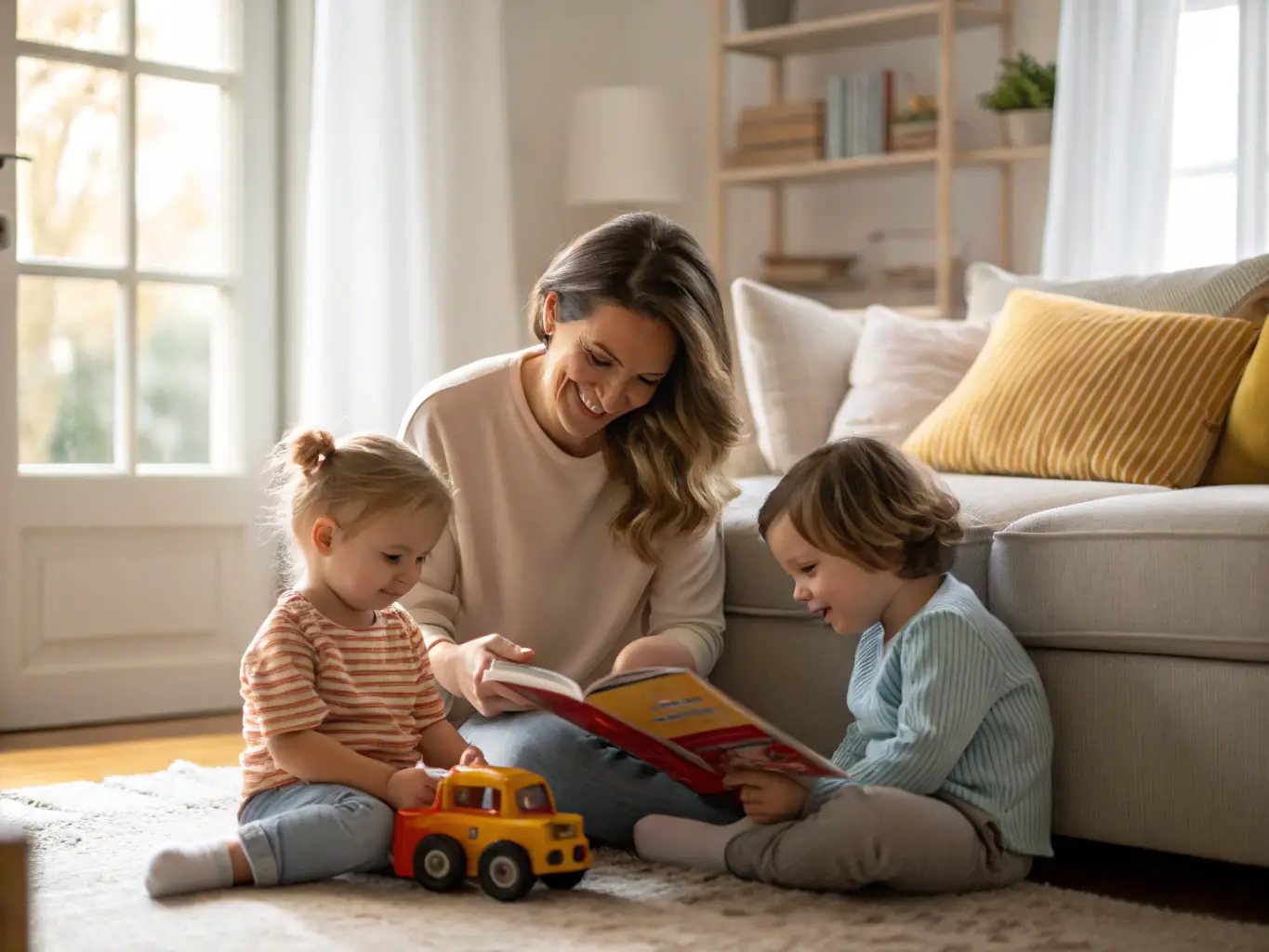 A nanny is playing with children in a sunny living room, reading a book and engaging in playful activities, showing care and attentiveness.