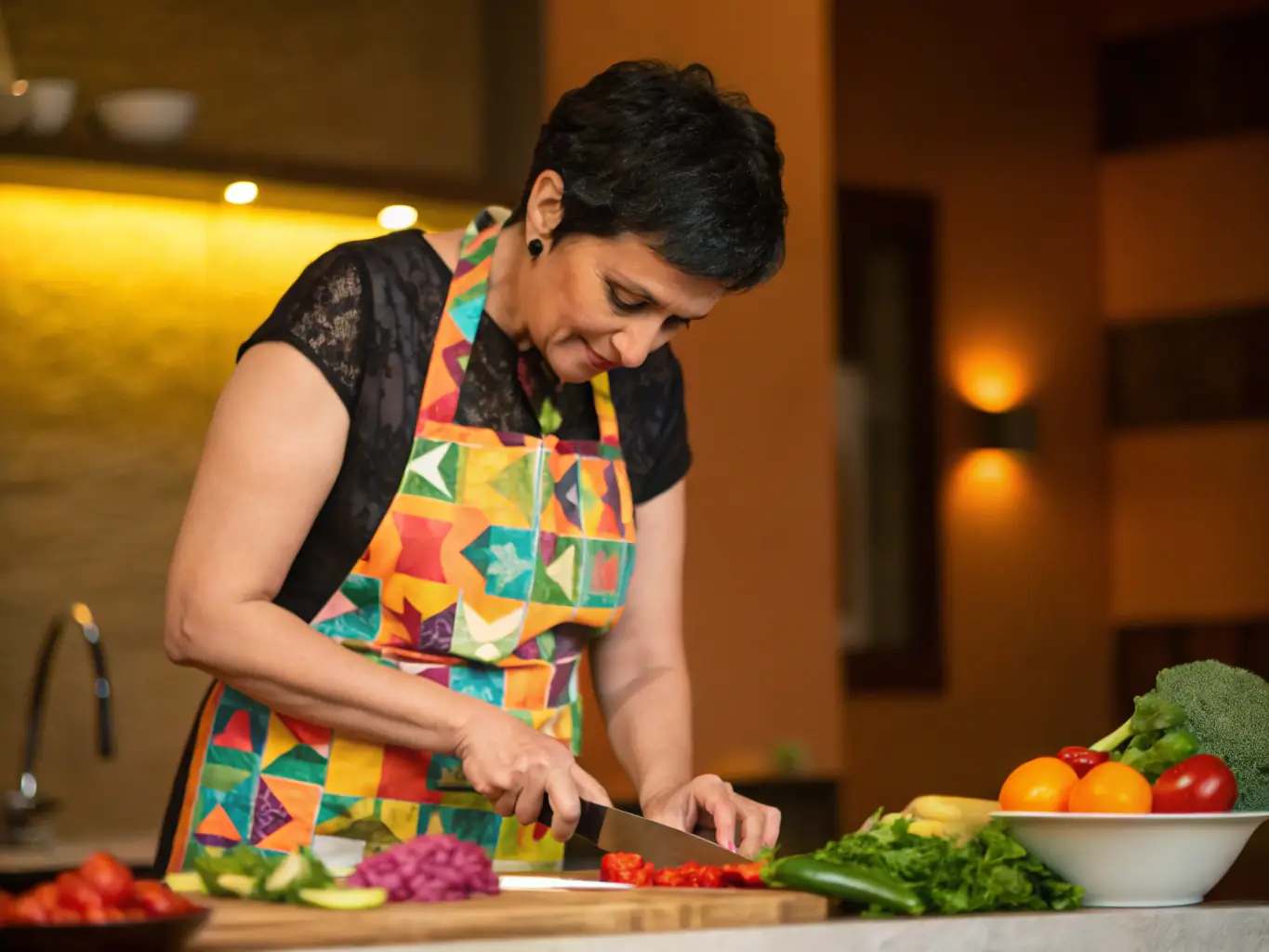A friendly cook is preparing a healthy meal in a well-equipped kitchen, focusing on fresh ingredients and presentation, suggesting culinary expertise.