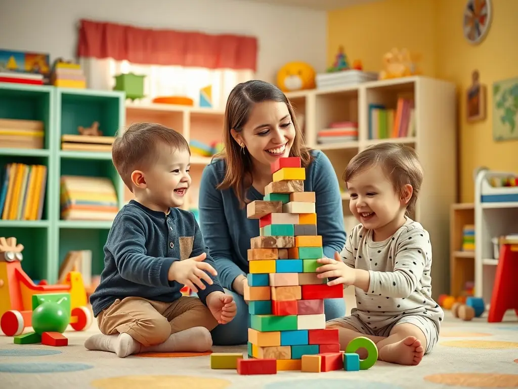 A caring nanny playing with children in a sunny playroom, highlighting safety and engagement.