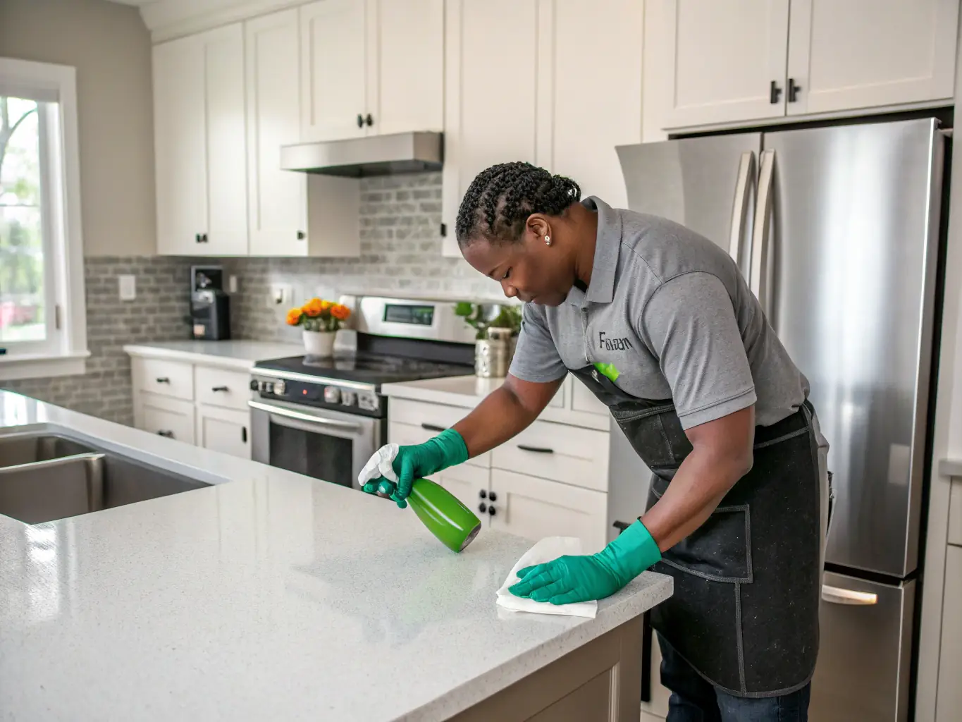 A professionally dressed maid is cleaning a modern kitchen, smiling slightly, with sunlight streaming through the window, conveying cleanliness and efficiency.