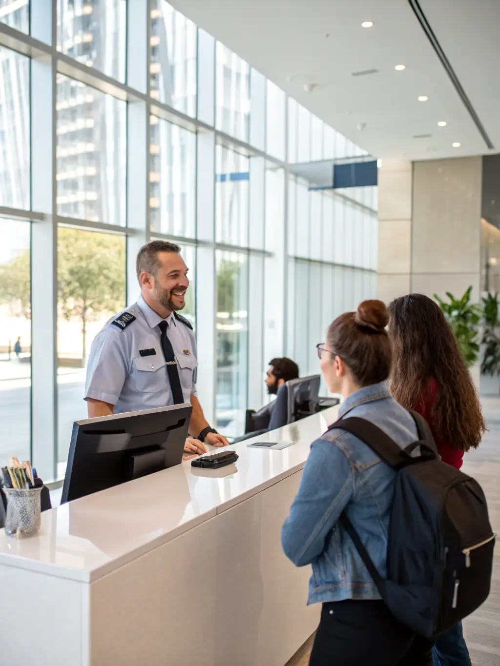 A well-dressed receptionist greeting visitors in a corporate lobby, creating a welcoming and professional atmosphere.