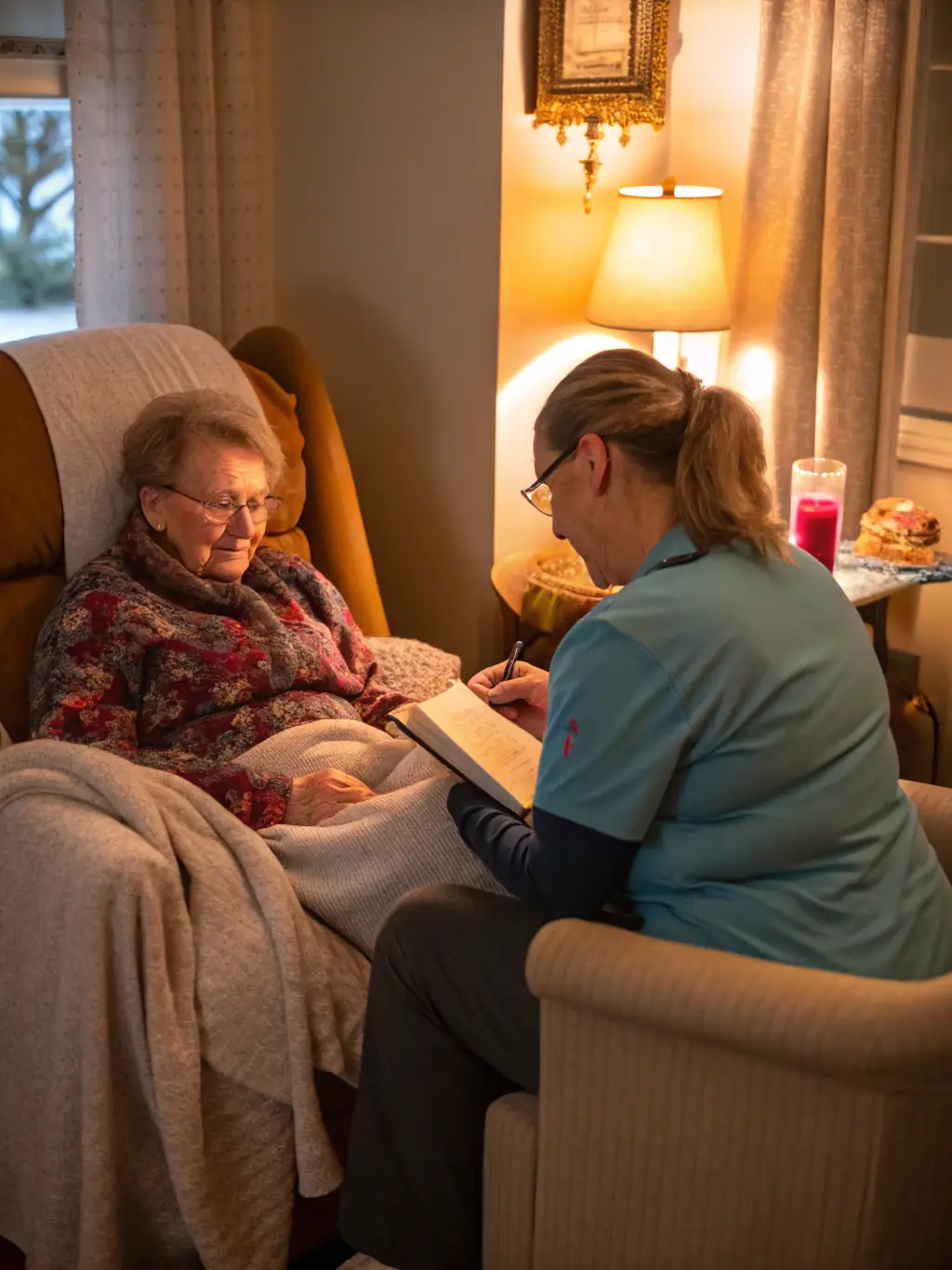 A home nurse assisting a senior in a comfortable living room, demonstrating compassionate care and support.