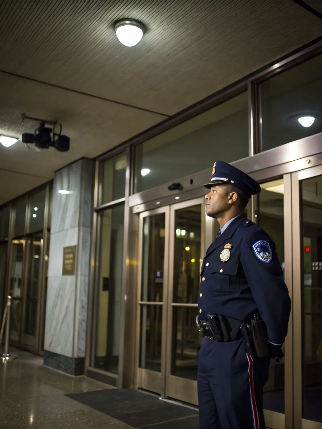 A security guard in uniform standing watch at the entrance of a corporate building, ensuring safety and security.