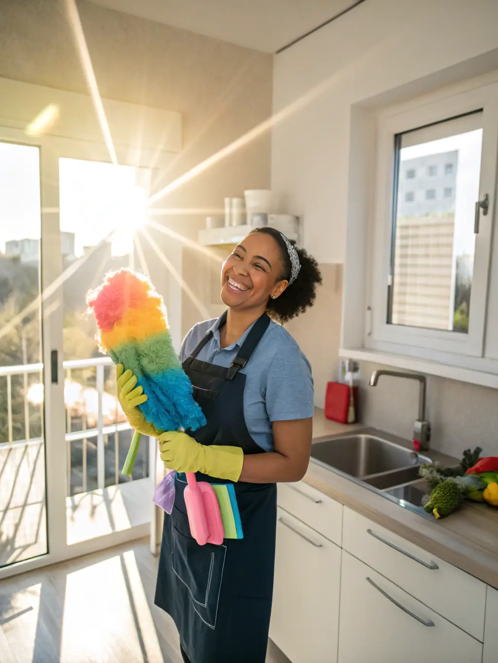 A friendly maid smiling while holding cleaning supplies in a modern kitchen, conveying a sense of helpfulness and cleanliness.