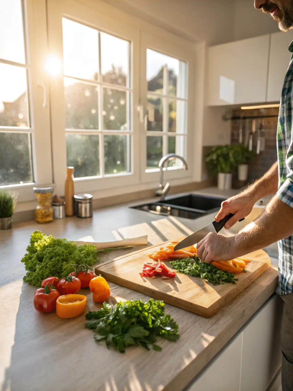 A skilled cook preparing a healthy meal in a well-equipped kitchen, emphasizing culinary expertise and fresh ingredients.