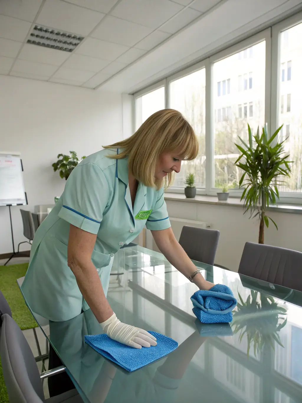 A professional cleaner in uniform, smiling while wiping down a glass conference table in a modern office setting, showcasing attention to detail.