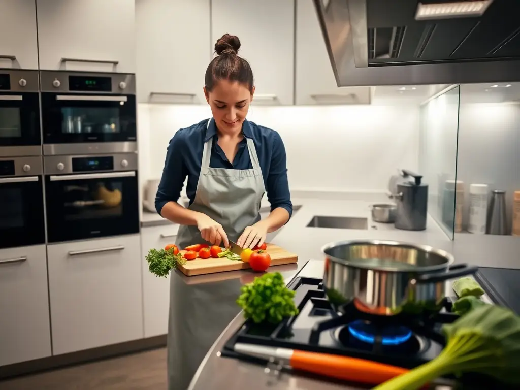 A skilled cook preparing a healthy meal in a home kitchen, showcasing culinary expertise and care.