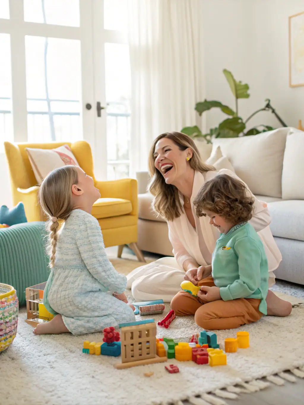 A caring nanny playing with children in a sunny playroom, showcasing a nurturing and safe environment.